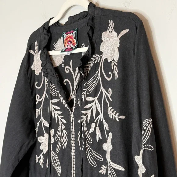 Johnny Was Black Linen Embroidered Frankie Tiered Field Dress Bird Boho Large - Picture 8 of 15